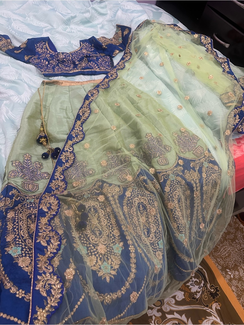 Embroidered Navy Blue and Mint Green Lehenga Set